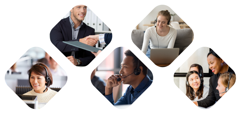 Multiple images of people who have a career as response call center employees